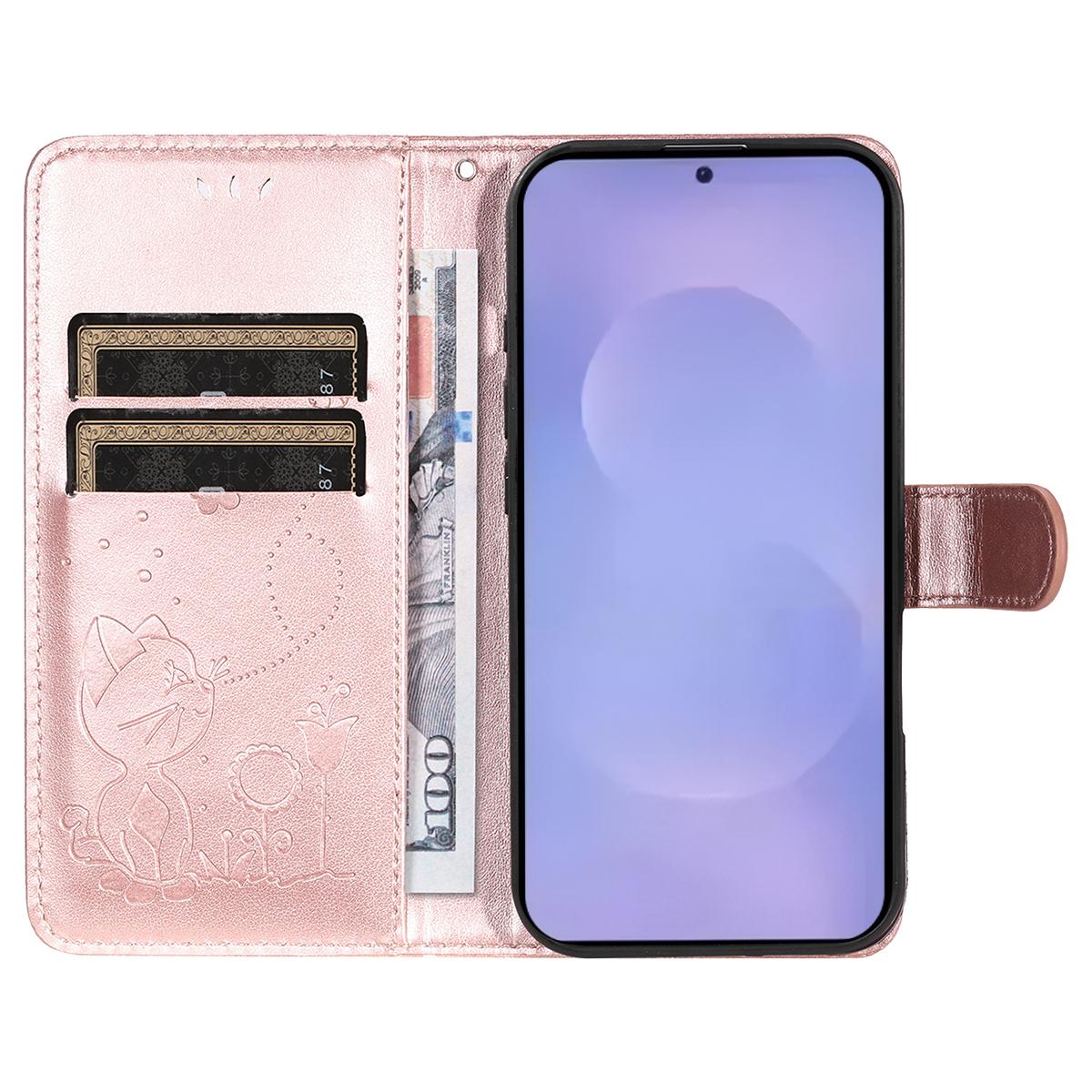 For Samsung Galaxy S26 5G Cat and Bee Embossed Flip Leather Phone Case Wallet Cover with Card Slots Cash Pocket Magnetic Stand Protective Shockproof TPU PU Leather Case with Wrist Strap
