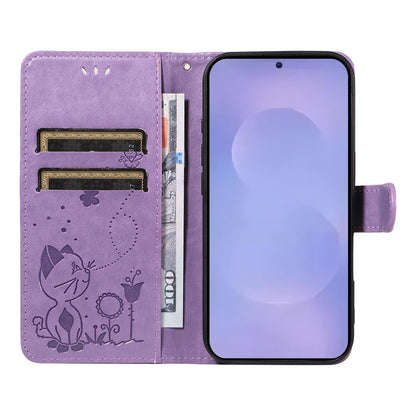 For Samsung Galaxy S26 5G Cat and Bee Embossed Flip Leather Phone Case Wallet Cover with Card Slots Cash Pocket Magnetic Stand Protective Shockproof TPU PU Leather Case with Wrist Strap
