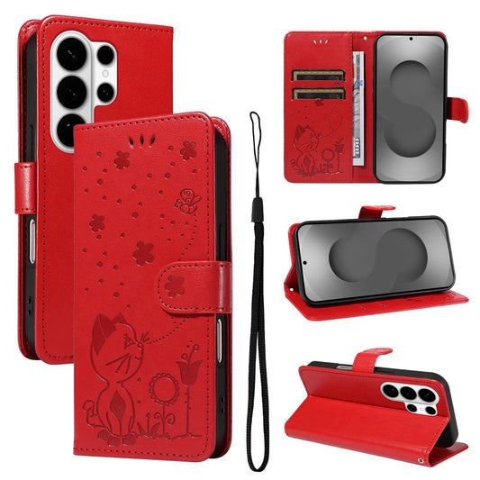 For Samsung Galaxy S26 Ultra 5G Cat and Bee Embossed Flip Leather Phone Case Wallet Cover with Card Slots Cash Pocket Magnetic Stand Protective Shockproof TPU PU Leather Case with Wrist Strap