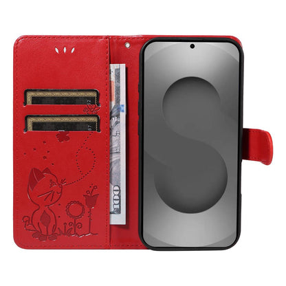 For Samsung Galaxy S26 Ultra 5G Cat and Bee Embossed Flip Leather Phone Case Wallet Cover with Card Slots Cash Pocket Magnetic Stand Protective Shockproof TPU PU Leather Case with Wrist Strap