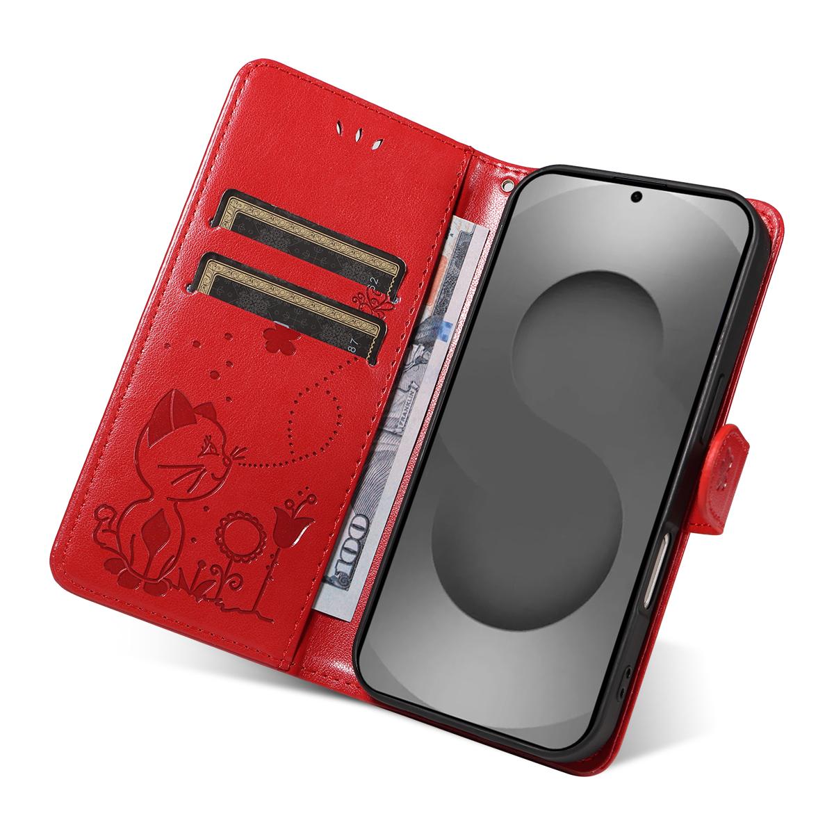 For Samsung Galaxy S26 Ultra 5G Cat and Bee Embossed Flip Leather Phone Case Wallet Cover with Card Slots Cash Pocket Magnetic Stand Protective Shockproof TPU PU Leather Case with Wrist Strap