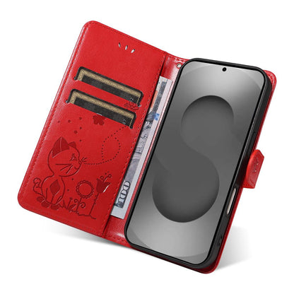 For Samsung Galaxy S26 Ultra 5G Cat and Bee Embossed Flip Leather Phone Case Wallet Cover with Card Slots Cash Pocket Magnetic Stand Protective Shockproof TPU PU Leather Case with Wrist Strap