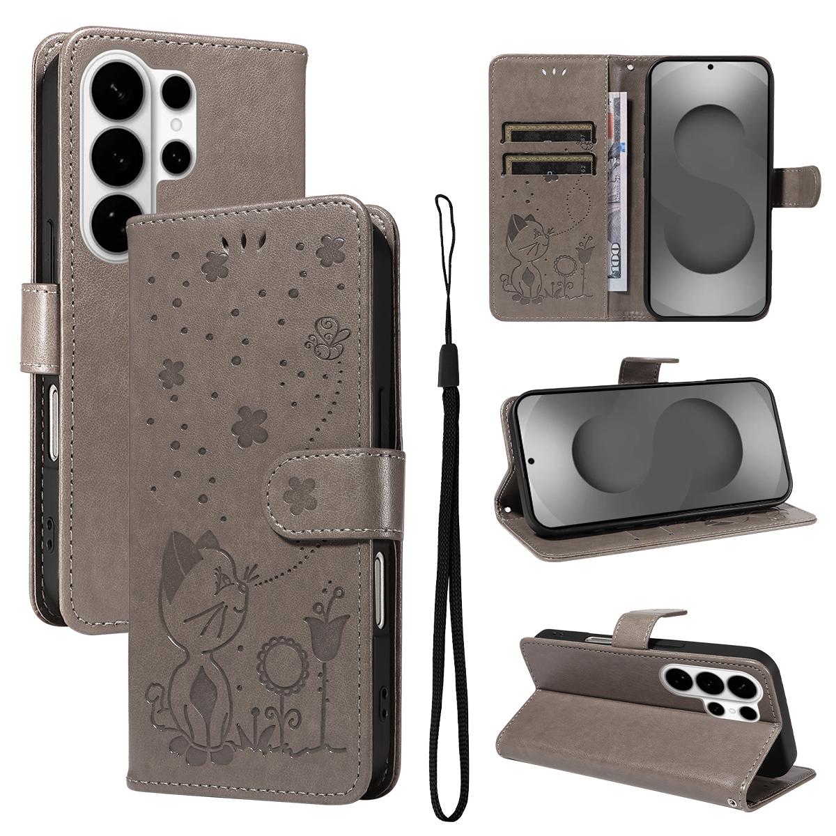 For Samsung Galaxy S26 Ultra 5G Cat and Bee Embossed Flip Leather Phone Case Wallet Cover with Card Slots Cash Pocket Magnetic Stand Protective Shockproof TPU PU Leather Case with Wrist Strap