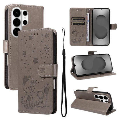 For Samsung Galaxy S26 Ultra 5G Cat and Bee Embossed Flip Leather Phone Case Wallet Cover with Card Slots Cash Pocket Magnetic Stand Protective Shockproof TPU PU Leather Case with Wrist Strap