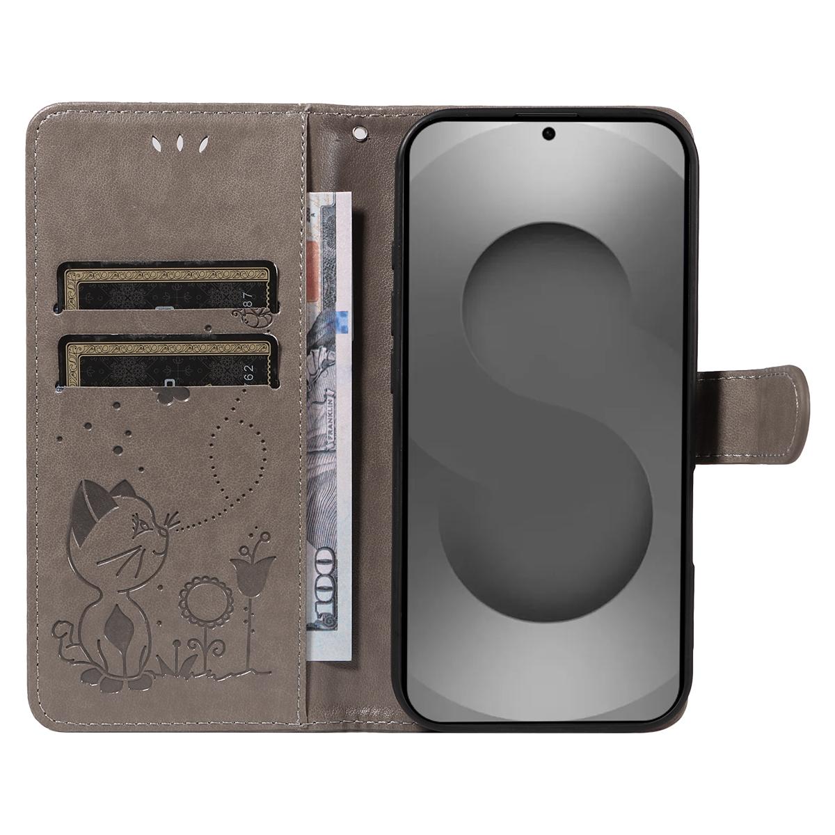 For Samsung Galaxy S26 Ultra 5G Cat and Bee Embossed Flip Leather Phone Case Wallet Cover with Card Slots Cash Pocket Magnetic Stand Protective Shockproof TPU PU Leather Case with Wrist Strap