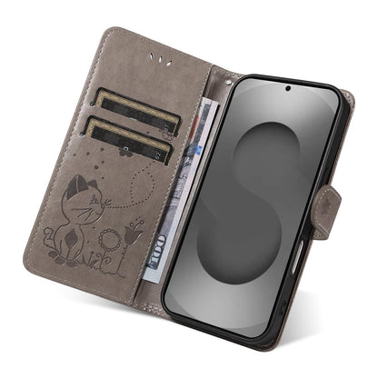 For Samsung Galaxy S26 Ultra 5G Cat and Bee Embossed Flip Leather Phone Case Wallet Cover with Card Slots Cash Pocket Magnetic Stand Protective Shockproof TPU PU Leather Case with Wrist Strap