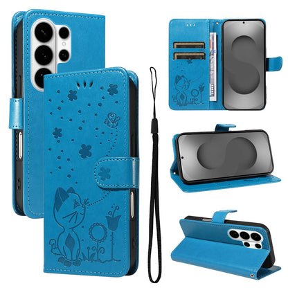 For Samsung Galaxy S26 Ultra 5G Cat and Bee Embossed Flip Leather Phone Case Wallet Cover with Card Slots Cash Pocket Magnetic Stand Protective Shockproof TPU PU Leather Case with Wrist Strap