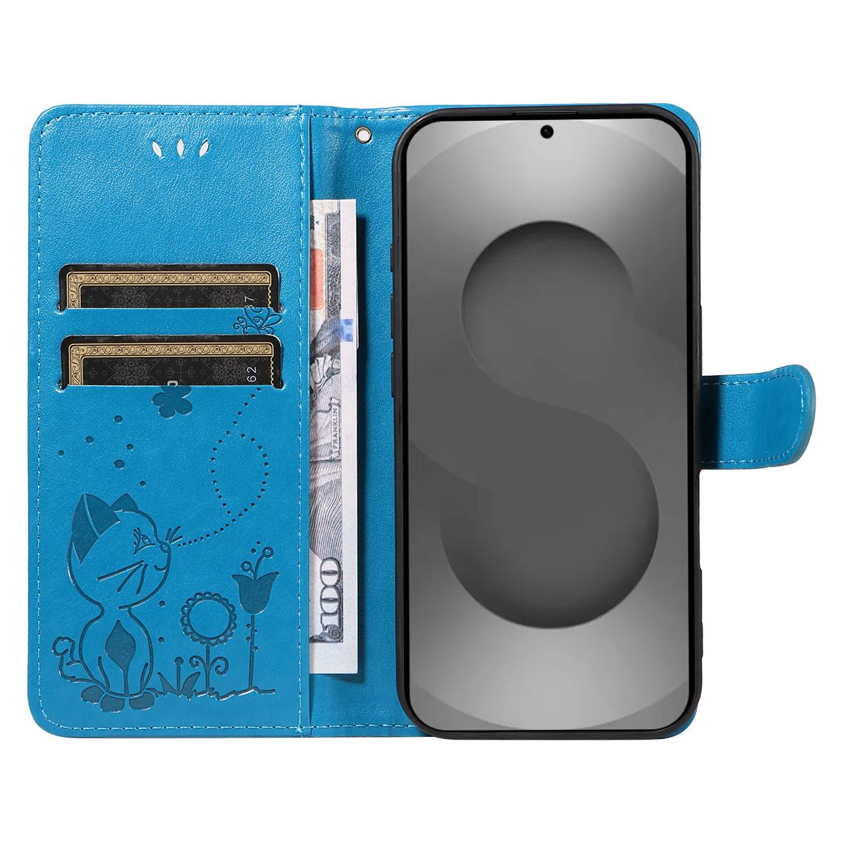For Samsung Galaxy S26 Ultra 5G Cat and Bee Embossed Flip Leather Phone Case Wallet Cover with Card Slots Cash Pocket Magnetic Stand Protective Shockproof TPU PU Leather Case with Wrist Strap