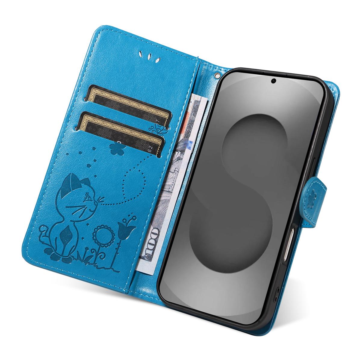 For Samsung Galaxy S26 Ultra 5G Cat and Bee Embossed Flip Leather Phone Case Wallet Cover with Card Slots Cash Pocket Magnetic Stand Protective Shockproof TPU PU Leather Case with Wrist Strap