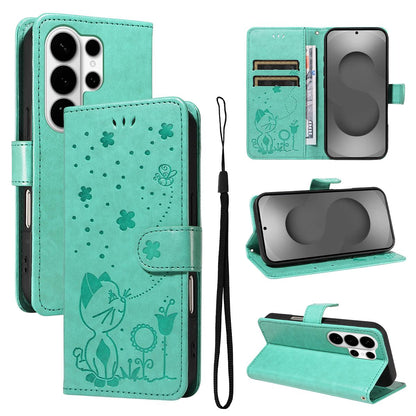 For Samsung Galaxy S26 Ultra 5G Cat and Bee Embossed Flip Leather Phone Case Wallet Cover with Card Slots Cash Pocket Magnetic Stand Protective Shockproof TPU PU Leather Case with Wrist Strap