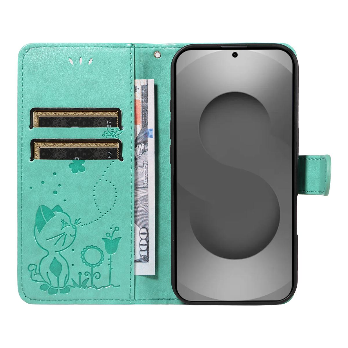 For Samsung Galaxy S26 Ultra 5G Cat and Bee Embossed Flip Leather Phone Case Wallet Cover with Card Slots Cash Pocket Magnetic Stand Protective Shockproof TPU PU Leather Case with Wrist Strap
