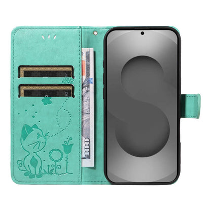 For Samsung Galaxy S26 Ultra 5G Cat and Bee Embossed Flip Leather Phone Case Wallet Cover with Card Slots Cash Pocket Magnetic Stand Protective Shockproof TPU PU Leather Case with Wrist Strap