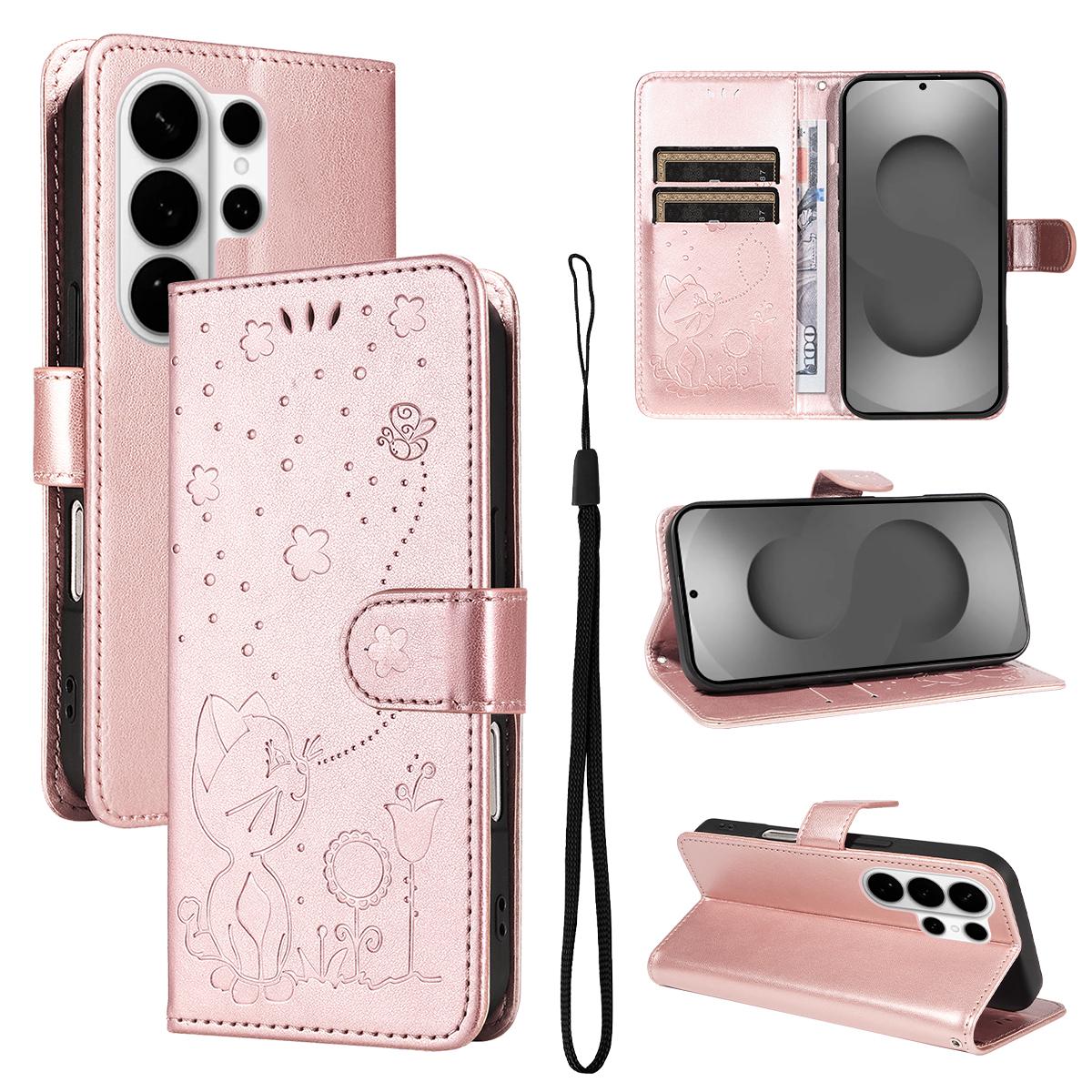 For Samsung Galaxy S26 Ultra 5G Cat and Bee Embossed Flip Leather Phone Case Wallet Cover with Card Slots Cash Pocket Magnetic Stand Protective Shockproof TPU PU Leather Case with Wrist Strap