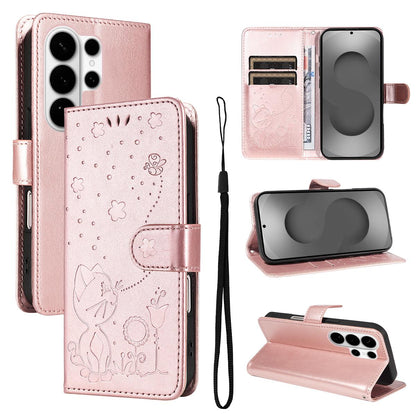 For Samsung Galaxy S26 Ultra 5G Cat and Bee Embossed Flip Leather Phone Case Wallet Cover with Card Slots Cash Pocket Magnetic Stand Protective Shockproof TPU PU Leather Case with Wrist Strap