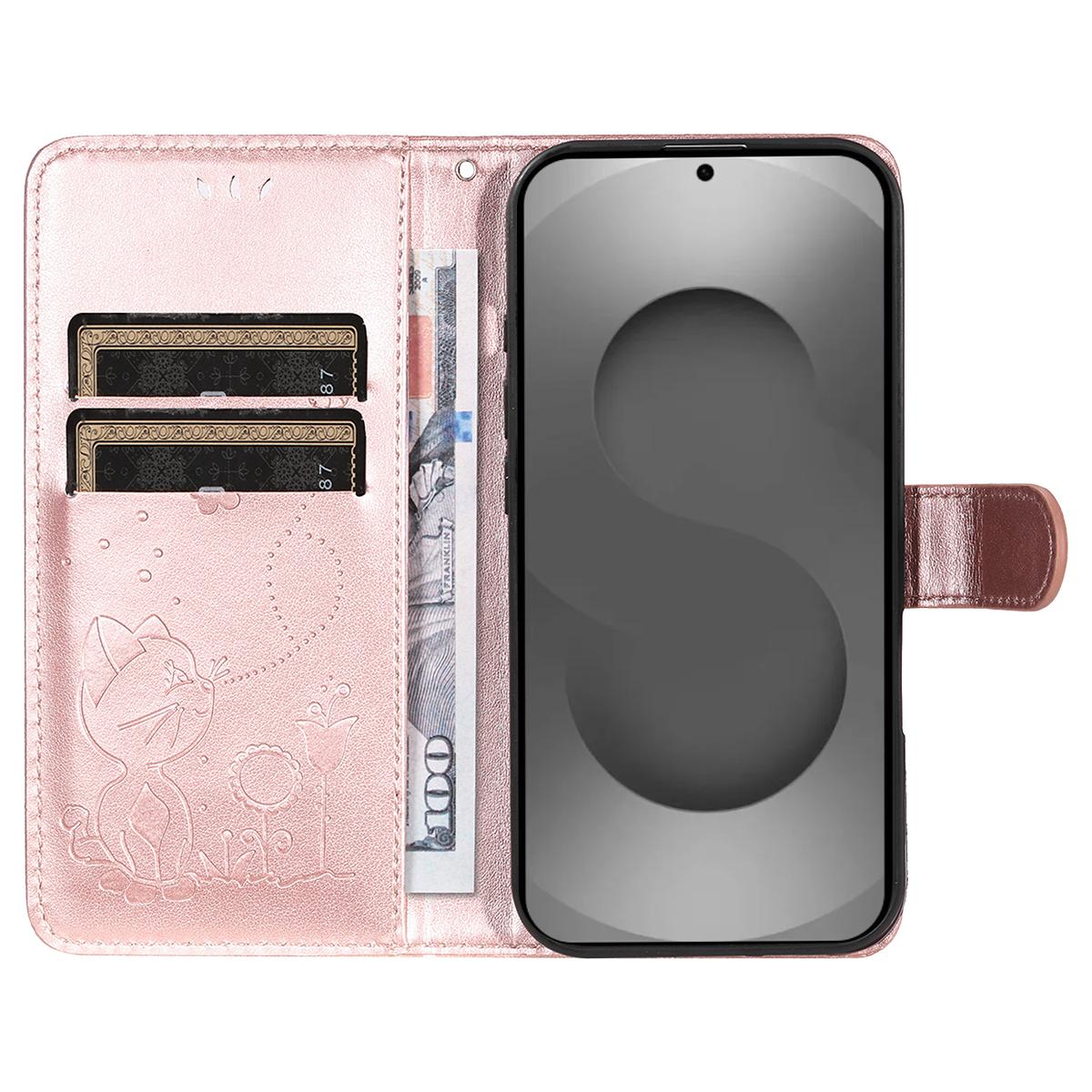 For Samsung Galaxy S26 Ultra 5G Cat and Bee Embossed Flip Leather Phone Case Wallet Cover with Card Slots Cash Pocket Magnetic Stand Protective Shockproof TPU PU Leather Case with Wrist Strap