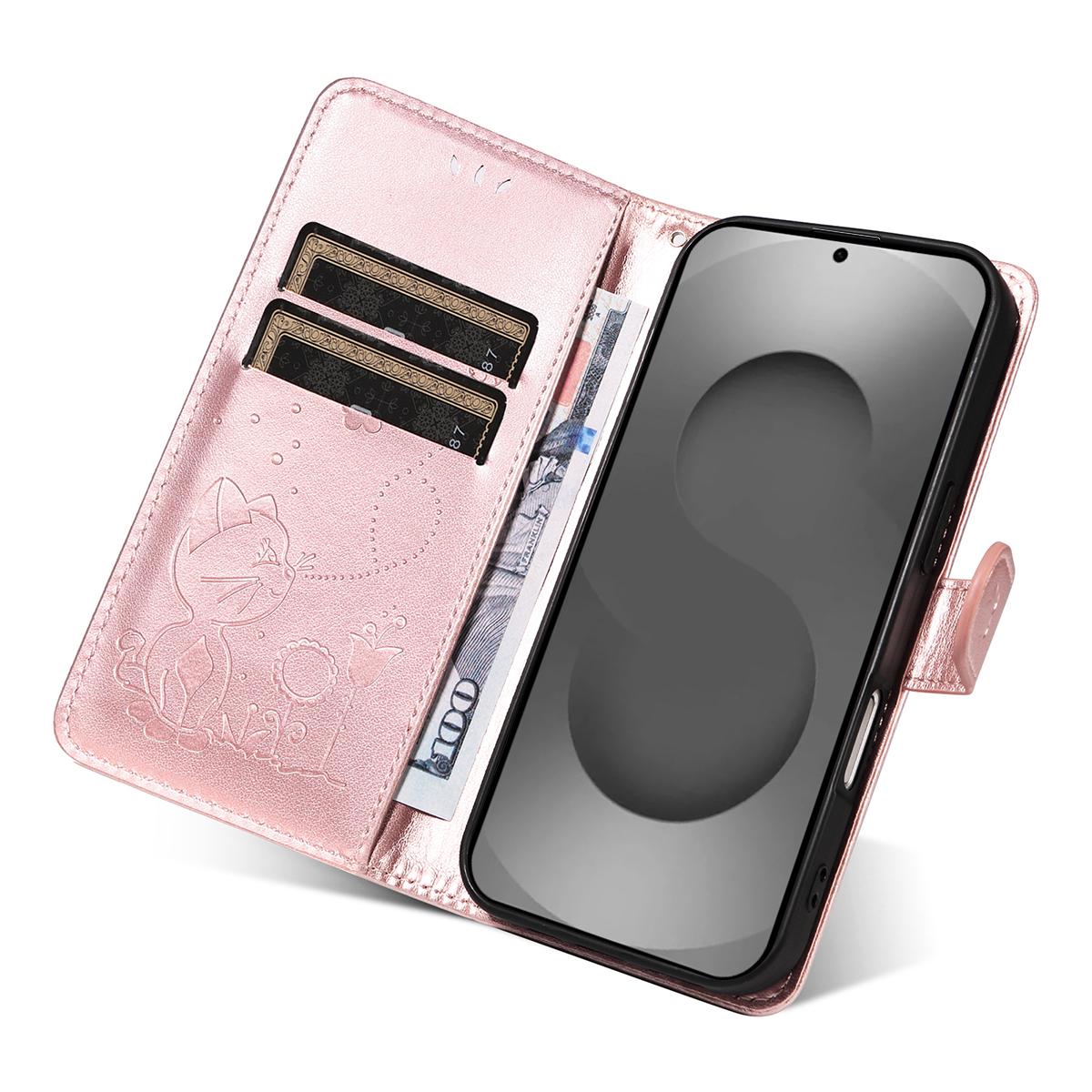 For Samsung Galaxy S26 Ultra 5G Cat and Bee Embossed Flip Leather Phone Case Wallet Cover with Card Slots Cash Pocket Magnetic Stand Protective Shockproof TPU PU Leather Case with Wrist Strap