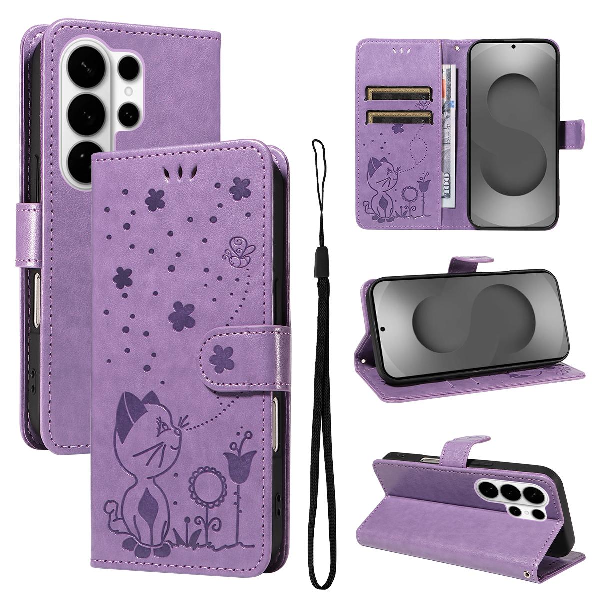 For Samsung Galaxy S26 Ultra 5G Cat and Bee Embossed Flip Leather Phone Case Wallet Cover with Card Slots Cash Pocket Magnetic Stand Protective Shockproof TPU PU Leather Case with Wrist Strap