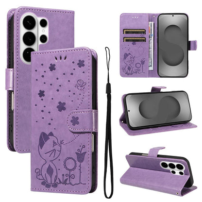 For Samsung Galaxy S26 Ultra 5G Cat and Bee Embossed Flip Leather Phone Case Wallet Cover with Card Slots Cash Pocket Magnetic Stand Protective Shockproof TPU PU Leather Case with Wrist Strap