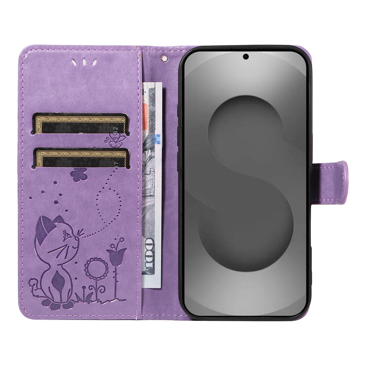 For Samsung Galaxy S26 Ultra 5G Cat and Bee Embossed Flip Leather Phone Case Wallet Cover with Card Slots Cash Pocket Magnetic Stand Protective Shockproof TPU PU Leather Case with Wrist Strap