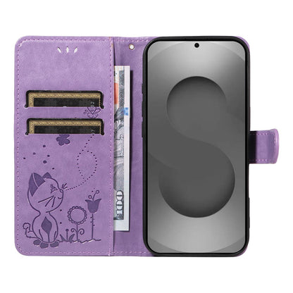 For Samsung Galaxy S26 Ultra 5G Cat and Bee Embossed Flip Leather Phone Case Wallet Cover with Card Slots Cash Pocket Magnetic Stand Protective Shockproof TPU PU Leather Case with Wrist Strap