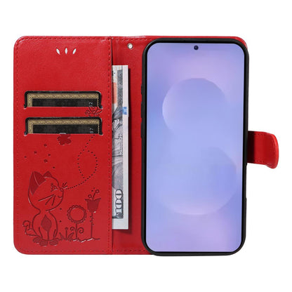 For Samsung Galaxy S26+ 5G Cat and Bee Embossed Flip Leather Phone Case Wallet Cover with Card Slots Cash Pocket Magnetic Stand Protective Shockproof TPU PU Leather Case with Wrist Strap
