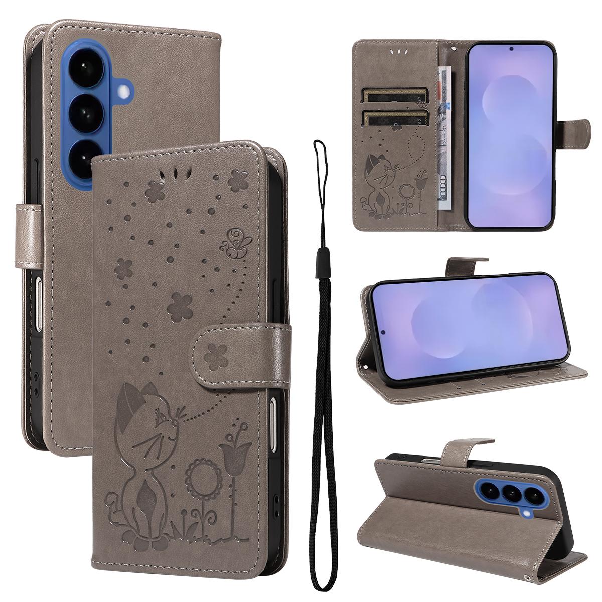 For Samsung Galaxy S26+ 5G Cat and Bee Embossed Flip Leather Phone Case Wallet Cover with Card Slots Cash Pocket Magnetic Stand Protective Shockproof TPU PU Leather Case with Wrist Strap