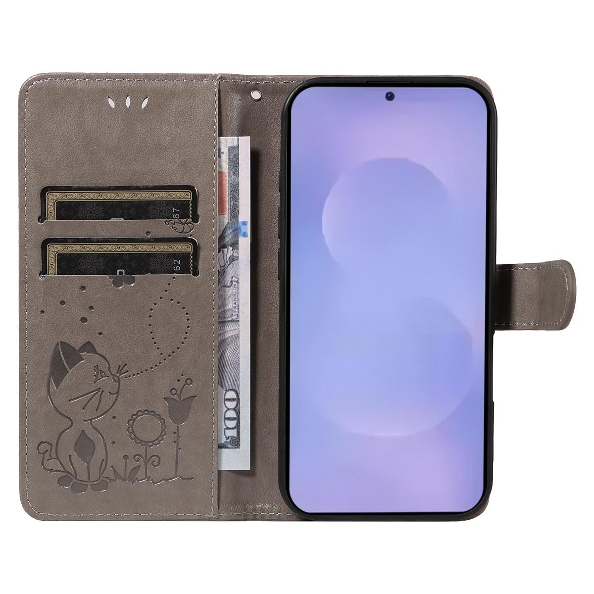 For Samsung Galaxy S26+ 5G Cat and Bee Embossed Flip Leather Phone Case Wallet Cover with Card Slots Cash Pocket Magnetic Stand Protective Shockproof TPU PU Leather Case with Wrist Strap