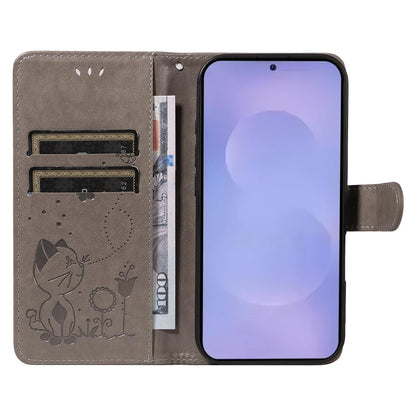 For Samsung Galaxy S26+ 5G Cat and Bee Embossed Flip Leather Phone Case Wallet Cover with Card Slots Cash Pocket Magnetic Stand Protective Shockproof TPU PU Leather Case with Wrist Strap