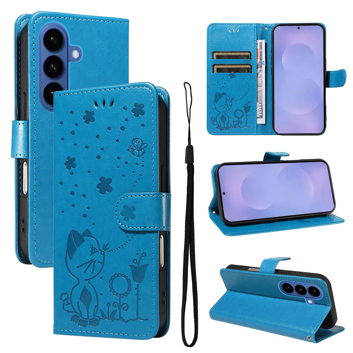 For Samsung Galaxy S26+ 5G Cat and Bee Embossed Flip Leather Phone Case Wallet Cover with Card Slots Cash Pocket Magnetic Stand Protective Shockproof TPU PU Leather Case with Wrist Strap