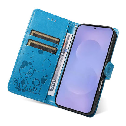 For Samsung Galaxy S26+ 5G Cat and Bee Embossed Flip Leather Phone Case Wallet Cover with Card Slots Cash Pocket Magnetic Stand Protective Shockproof TPU PU Leather Case with Wrist Strap