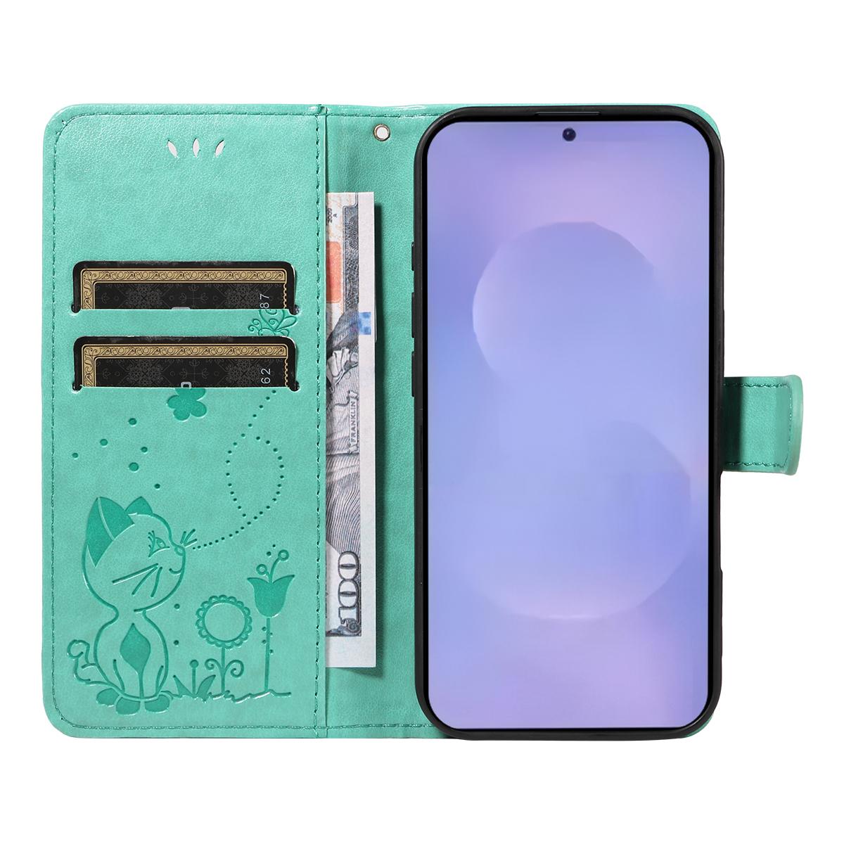 For Samsung Galaxy S26+ 5G Cat and Bee Embossed Flip Leather Phone Case Wallet Cover with Card Slots Cash Pocket Magnetic Stand Protective Shockproof TPU PU Leather Case with Wrist Strap