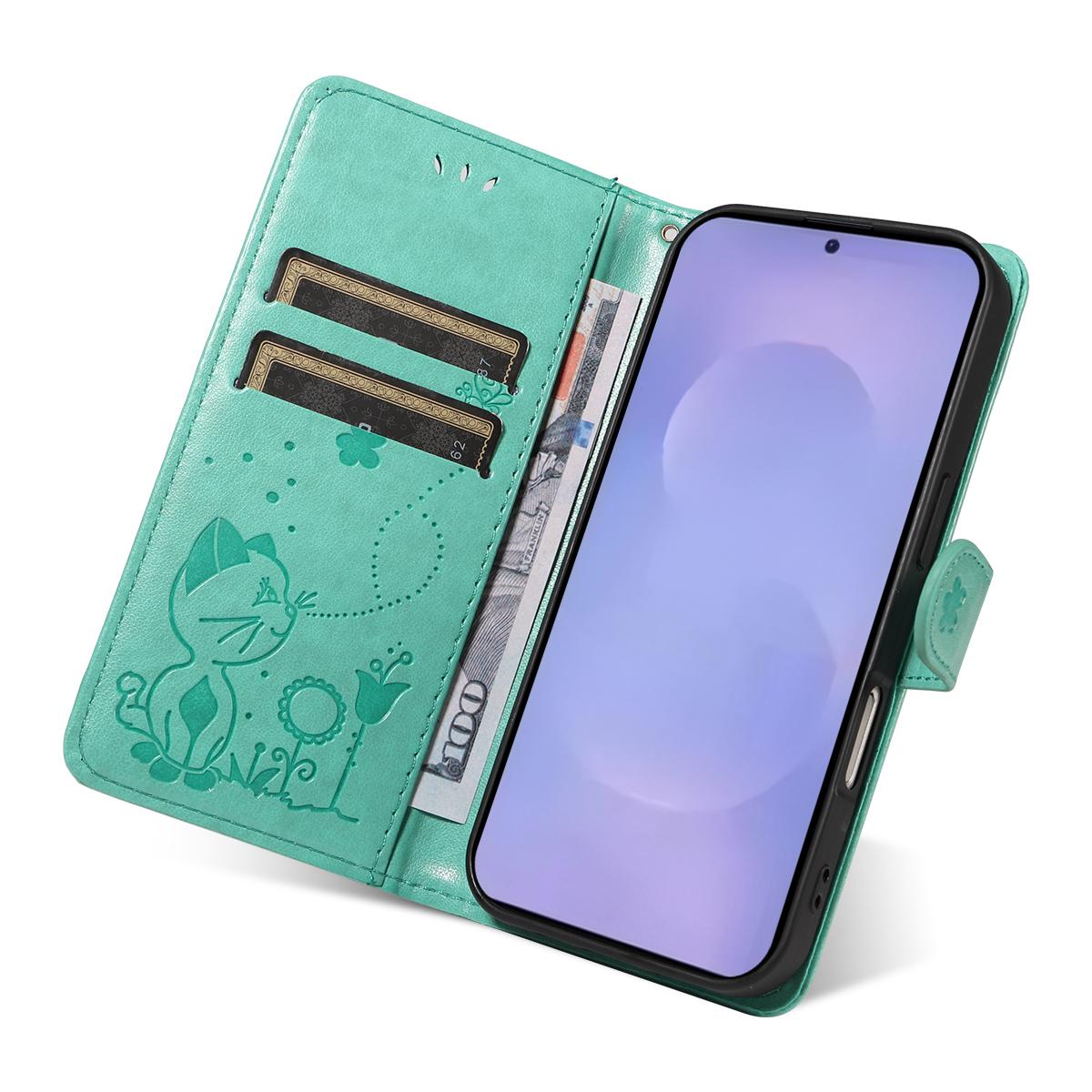 For Samsung Galaxy S26+ 5G Cat and Bee Embossed Flip Leather Phone Case Wallet Cover with Card Slots Cash Pocket Magnetic Stand Protective Shockproof TPU PU Leather Case with Wrist Strap