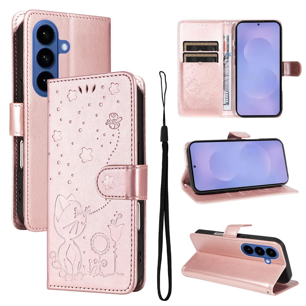 For Samsung Galaxy S26+ 5G Cat and Bee Embossed Flip Leather Phone Case Wallet Cover with Card Slots Cash Pocket Magnetic Stand Protective Shockproof TPU PU Leather Case with Wrist Strap