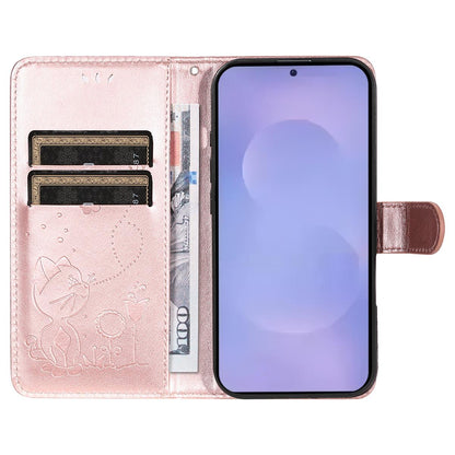 For Samsung Galaxy S26+ 5G Cat and Bee Embossed Flip Leather Phone Case Wallet Cover with Card Slots Cash Pocket Magnetic Stand Protective Shockproof TPU PU Leather Case with Wrist Strap