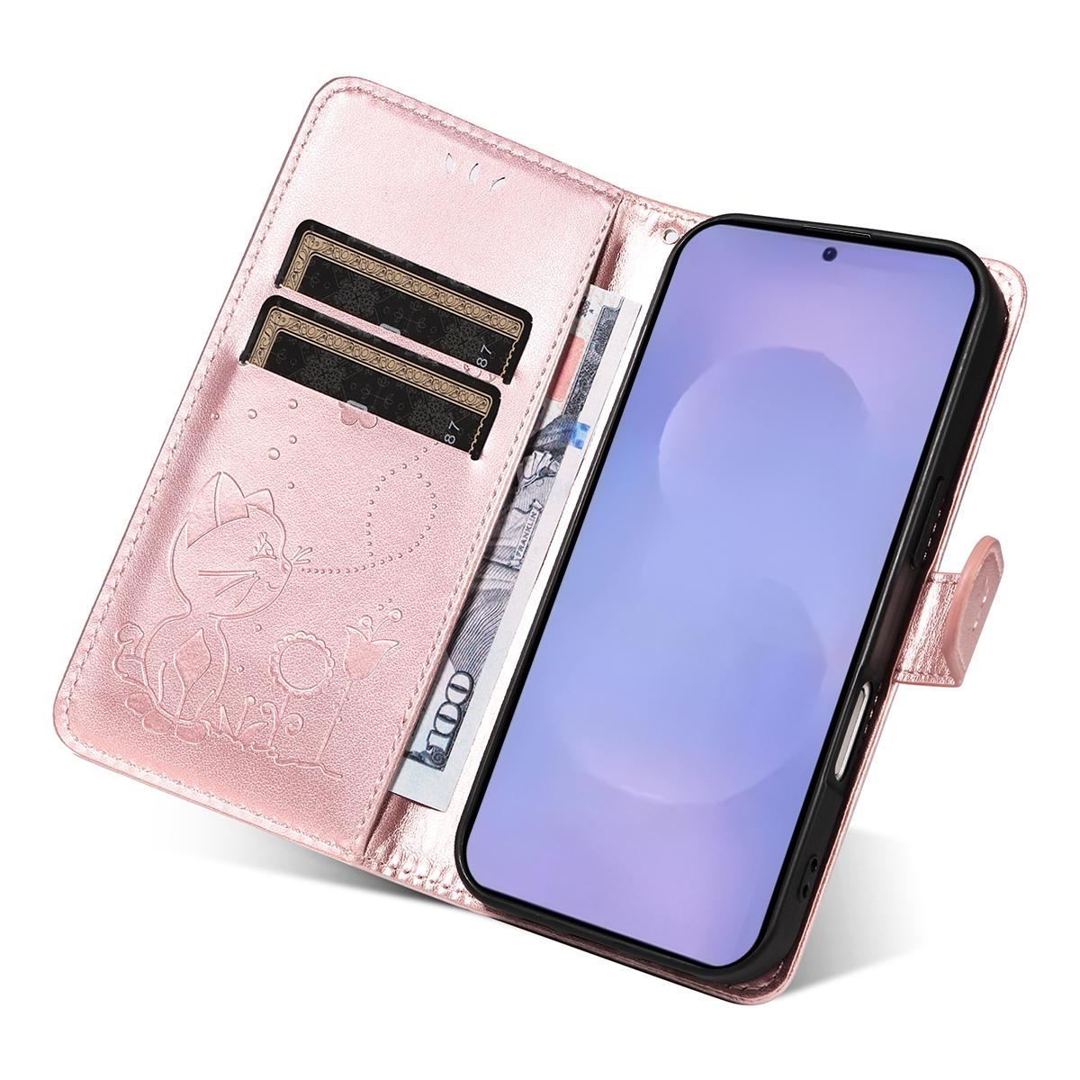 For Samsung Galaxy S26+ 5G Cat and Bee Embossed Flip Leather Phone Case Wallet Cover with Card Slots Cash Pocket Magnetic Stand Protective Shockproof TPU PU Leather Case with Wrist Strap