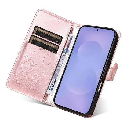 For Samsung Galaxy S26+ 5G Cat and Bee Embossed Flip Leather Phone Case Wallet Cover with Card Slots Cash Pocket Magnetic Stand Protective Shockproof TPU PU Leather Case with Wrist Strap