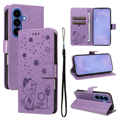 For Samsung Galaxy S26+ 5G Cat and Bee Embossed Flip Leather Phone Case Wallet Cover with Card Slots Cash Pocket Magnetic Stand Protective Shockproof TPU PU Leather Case with Wrist Strap