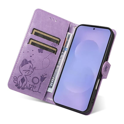 For Samsung Galaxy S26+ 5G Cat and Bee Embossed Flip Leather Phone Case Wallet Cover with Card Slots Cash Pocket Magnetic Stand Protective Shockproof TPU PU Leather Case with Wrist Strap