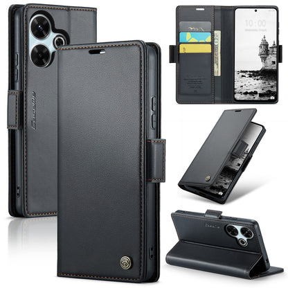 Redmi 13 Litchi Texture RFID Anti-theft Leather Phone Case with Butterfly Buckle, Stand & Card Wallet with TPU Shell