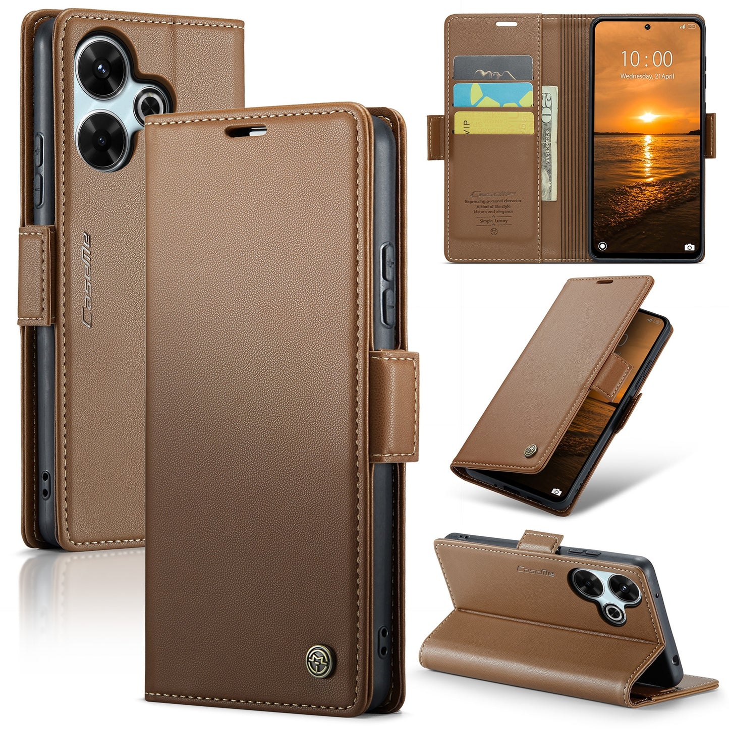 Redmi 13 Litchi Texture RFID Anti-theft Leather Phone Case with Butterfly Buckle, Stand & Card Wallet with TPU Shell