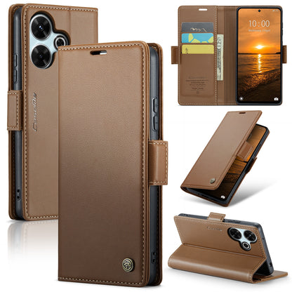 Redmi 13 Litchi Texture RFID Anti-theft Leather Phone Case with Butterfly Buckle, Stand & Card Wallet with TPU Shell