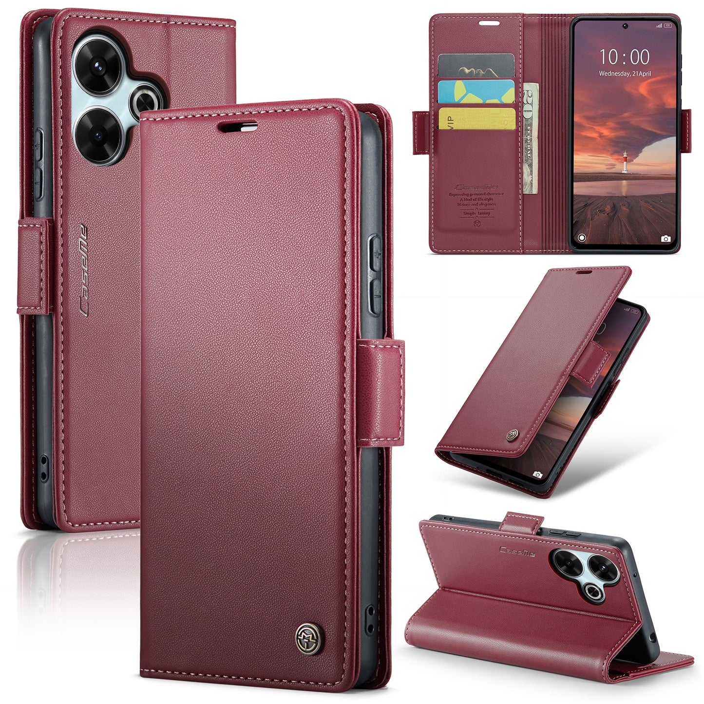 Redmi 13 Litchi Texture RFID Anti-theft Leather Phone Case with Butterfly Buckle, Stand & Card Wallet with TPU Shell