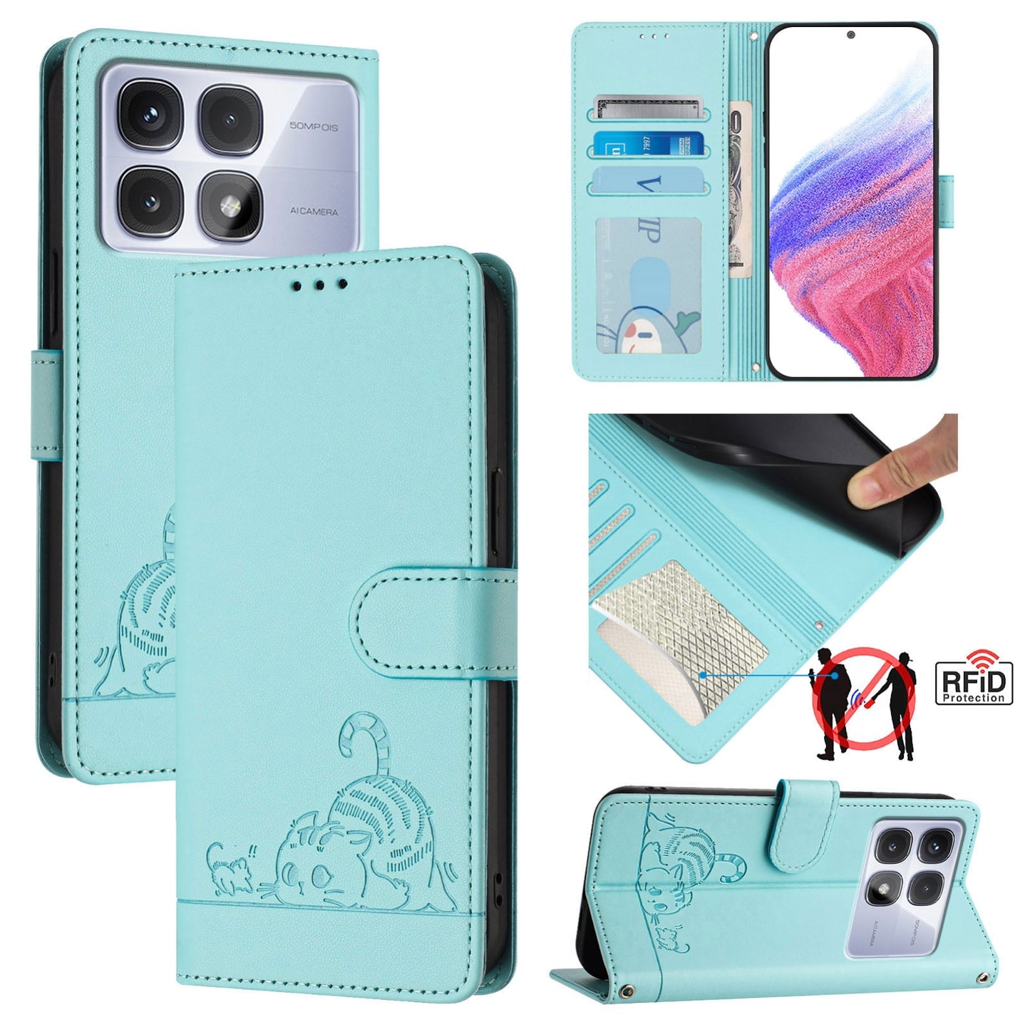 Redmi K70 Ultra 5G Global Cat & Rat Embossed RFID Leather Case, Lanyard, Wallet, Card Slots, Kickstand, Anti-Fall, Scratch-Resistant