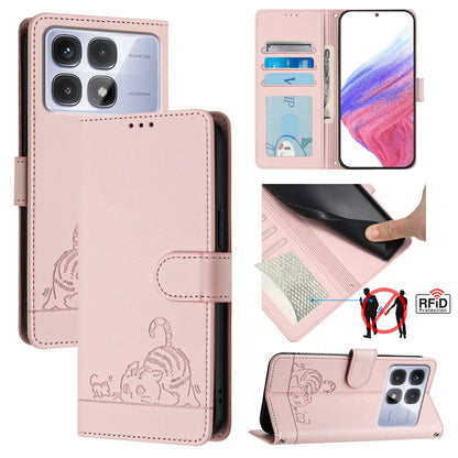 Redmi K70 Ultra 5G Global Cat & Rat Embossed RFID Leather Case, Lanyard, Wallet, Card Slots, Kickstand, Anti-Fall, Scratch-Resistant