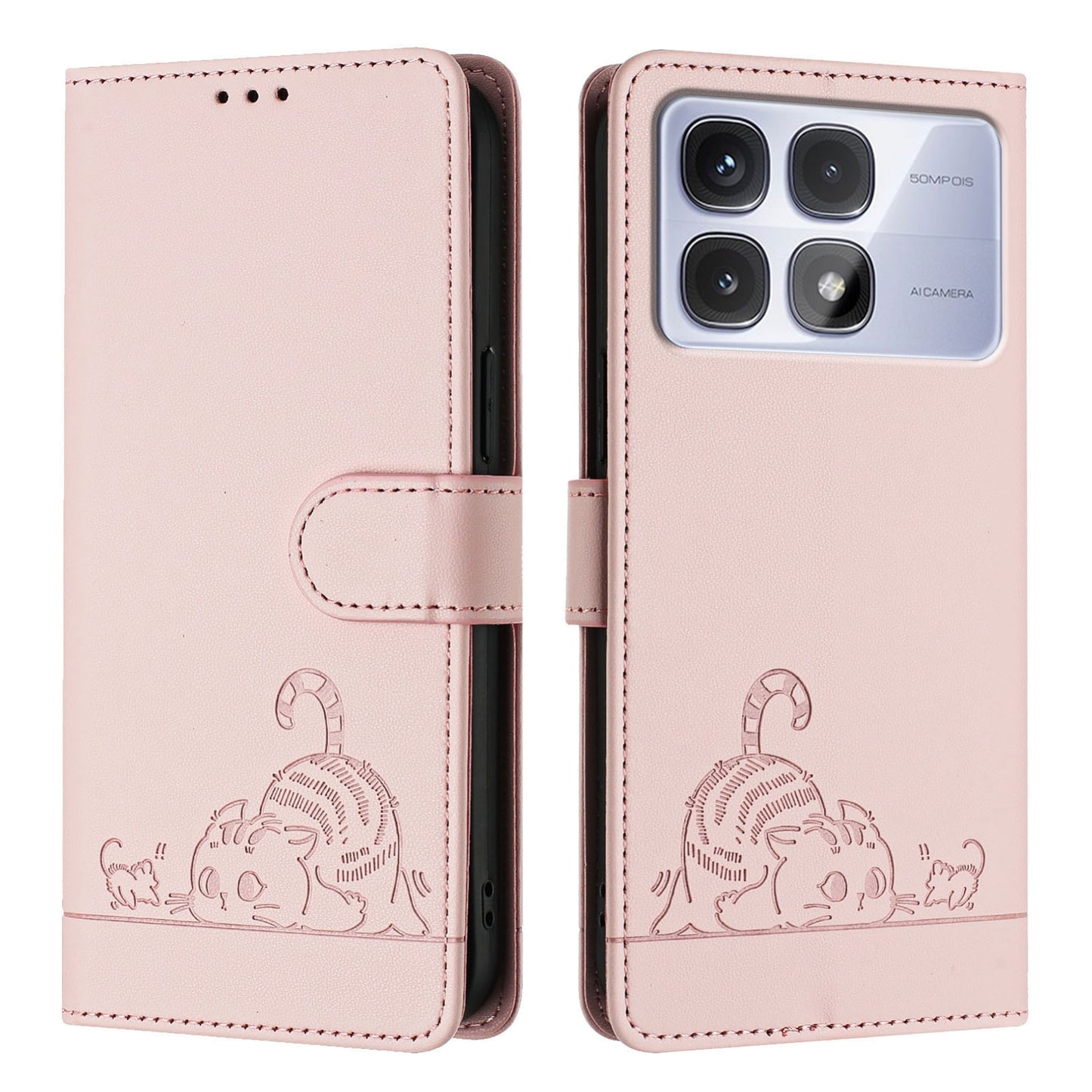 Redmi K70 Ultra 5G Global Cat & Rat Embossed RFID Leather Case, Lanyard, Wallet, Card Slots, Kickstand, Anti-Fall, Scratch-Resistant