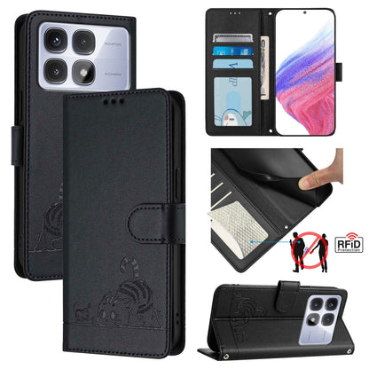 Redmi K70 Ultra 5G Global Cat & Rat Embossed RFID Leather Case, Lanyard, Wallet, Card Slots, Kickstand, Anti-Fall, Scratch-Resistant