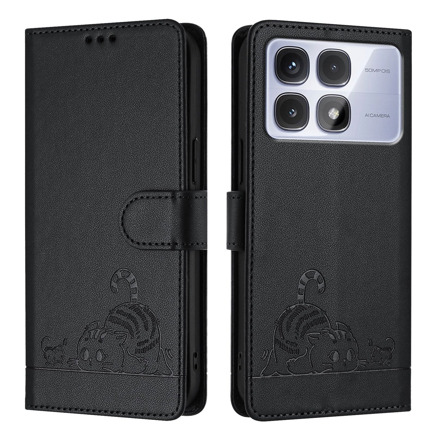 Redmi K70 Ultra 5G Global Cat & Rat Embossed RFID Leather Case, Lanyard, Wallet, Card Slots, Kickstand, Anti-Fall, Scratch-Resistant