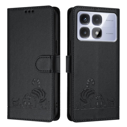 Redmi K70 Ultra 5G Global Cat & Rat Embossed RFID Leather Case, Lanyard, Wallet, Card Slots, Kickstand, Anti-Fall, Scratch-Resistant