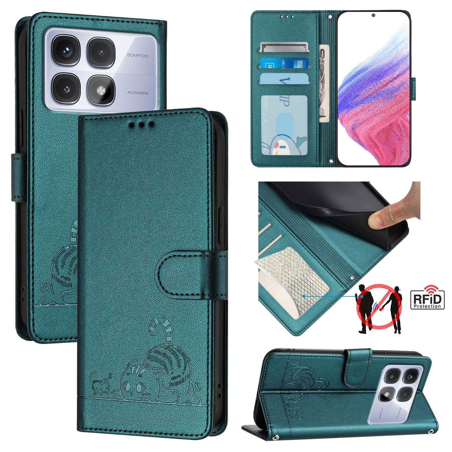 Redmi K70 Ultra 5G Global Cat & Rat Embossed RFID Leather Case, Lanyard, Wallet, Card Slots, Kickstand, Anti-Fall, Scratch-Resistant