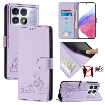 Redmi K70 Ultra 5G Global Cat & Rat Embossed RFID Leather Case, Lanyard, Wallet, Card Slots, Kickstand, Anti-Fall, Scratch-Resistant
